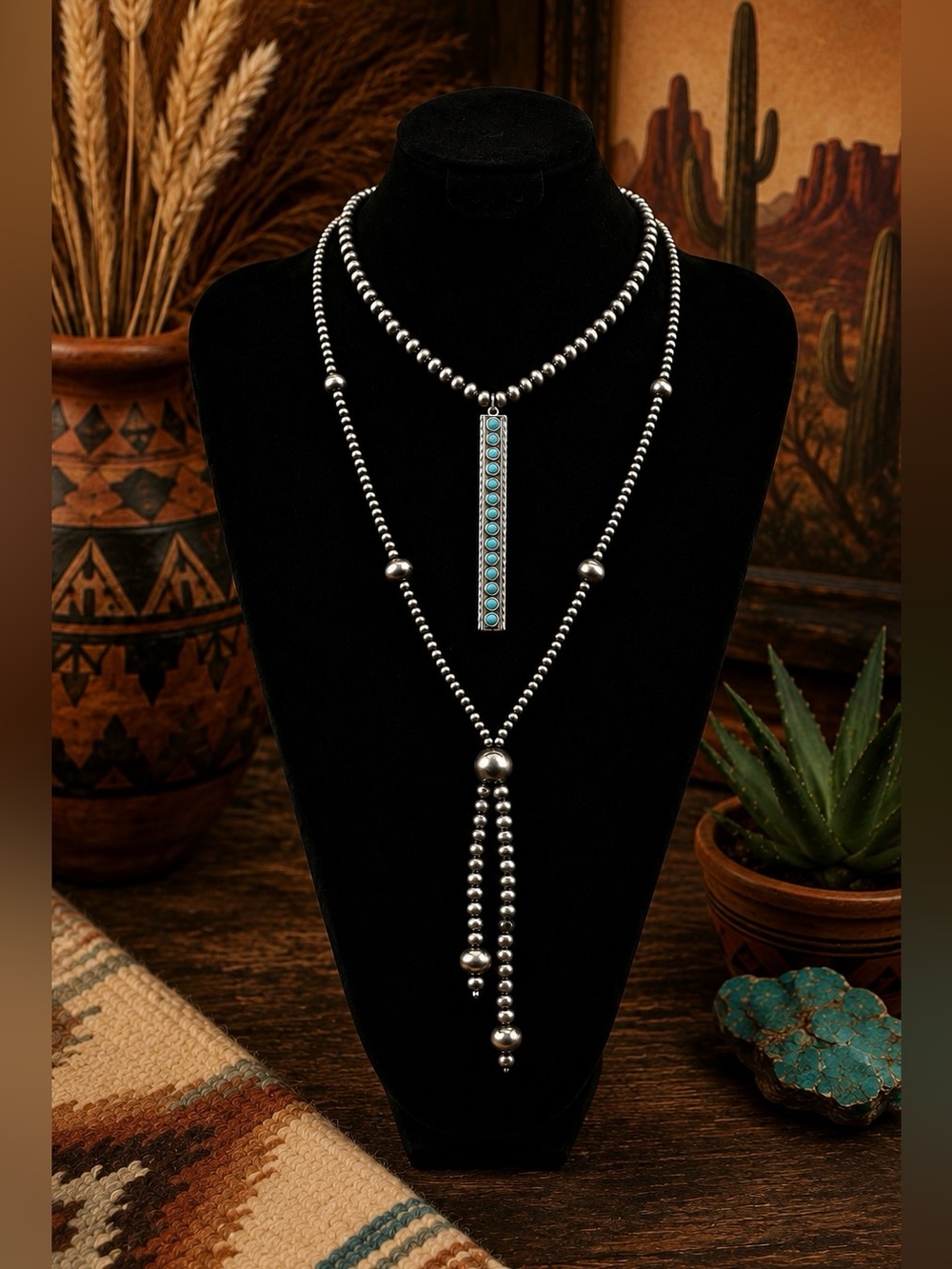 Southwest Western Faux Turquoise Navajo Pearl Inspired Lariat Costume Necklace